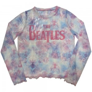 The Beatles Ladies Long Sleeve Crop Top: Drop T Logo (White) (Mesh) (X-Large)